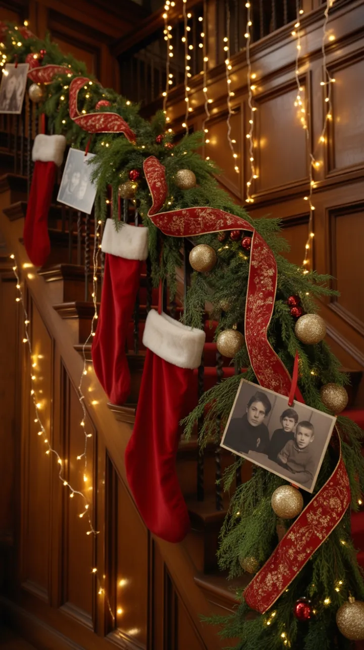 Staircase Dressed in Garland Gold Velvet and Family Memories