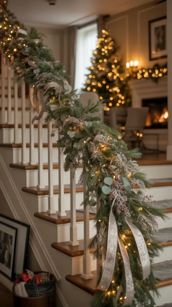 Garlanded Grandeur on a Staircase Dressed in Silver Evergreen and Warm Light