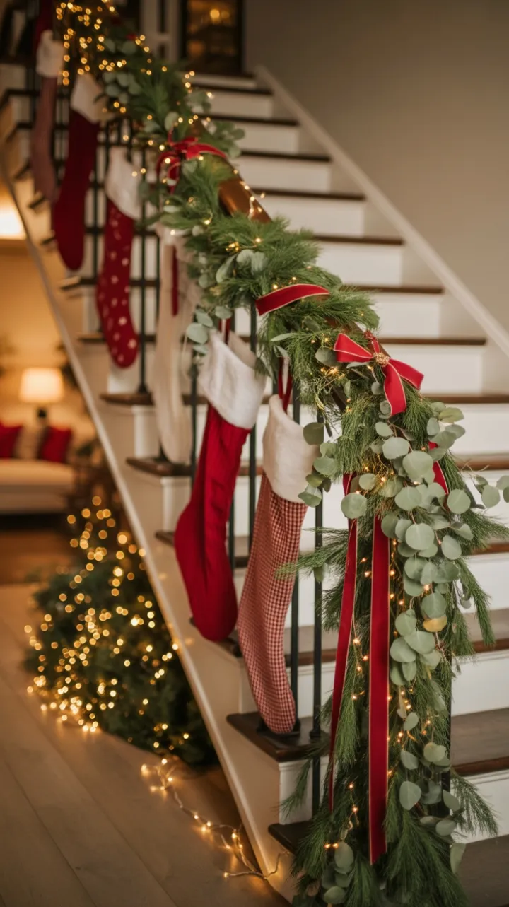 Garland and Glow on a Festive Staircase