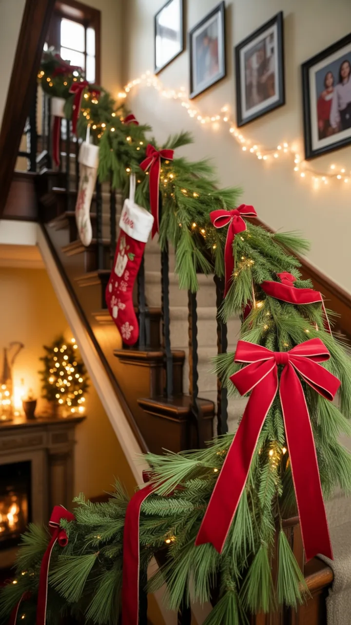 Grand Staircase Draped in Velvet Ribbon and Fresh Pine