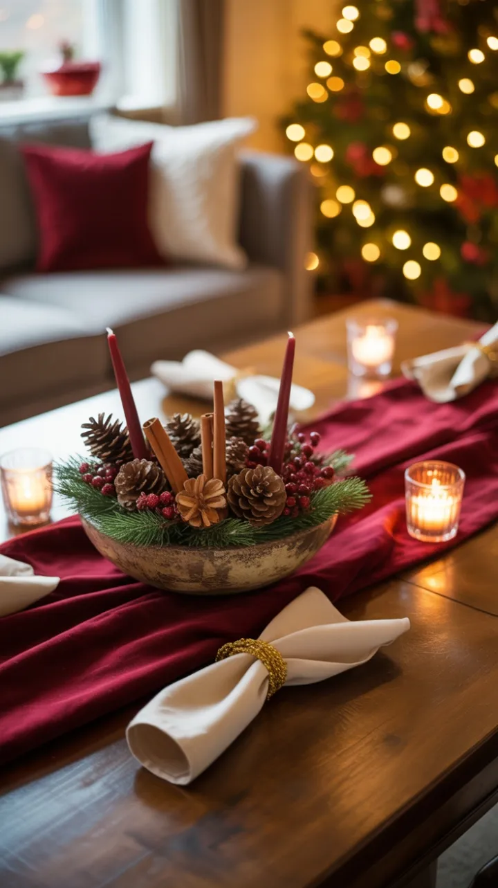 Warm Burgundy Holiday Table with Rustic Pinecone Centerpiece