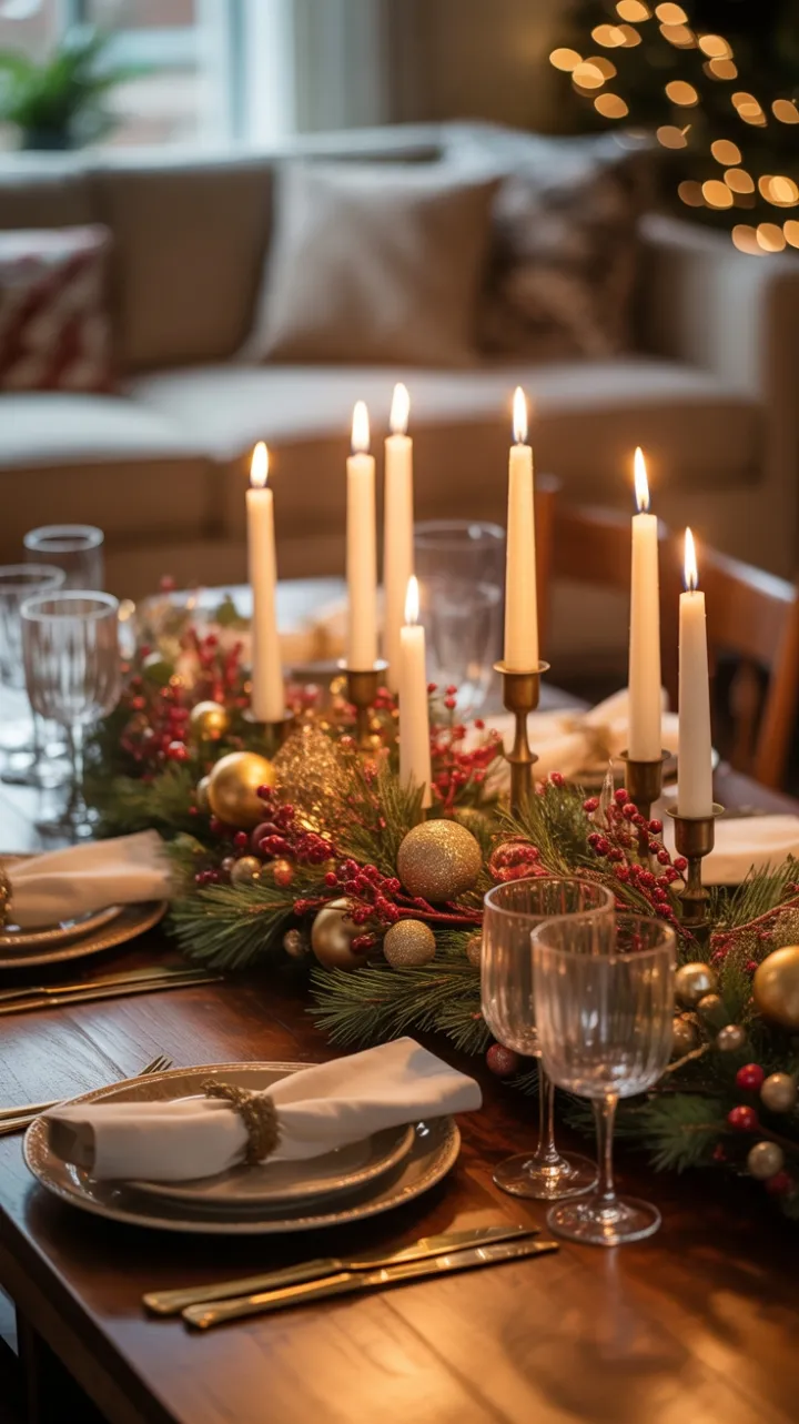 A Golden Christmas Table Woven with Pine Berries and Candlelight