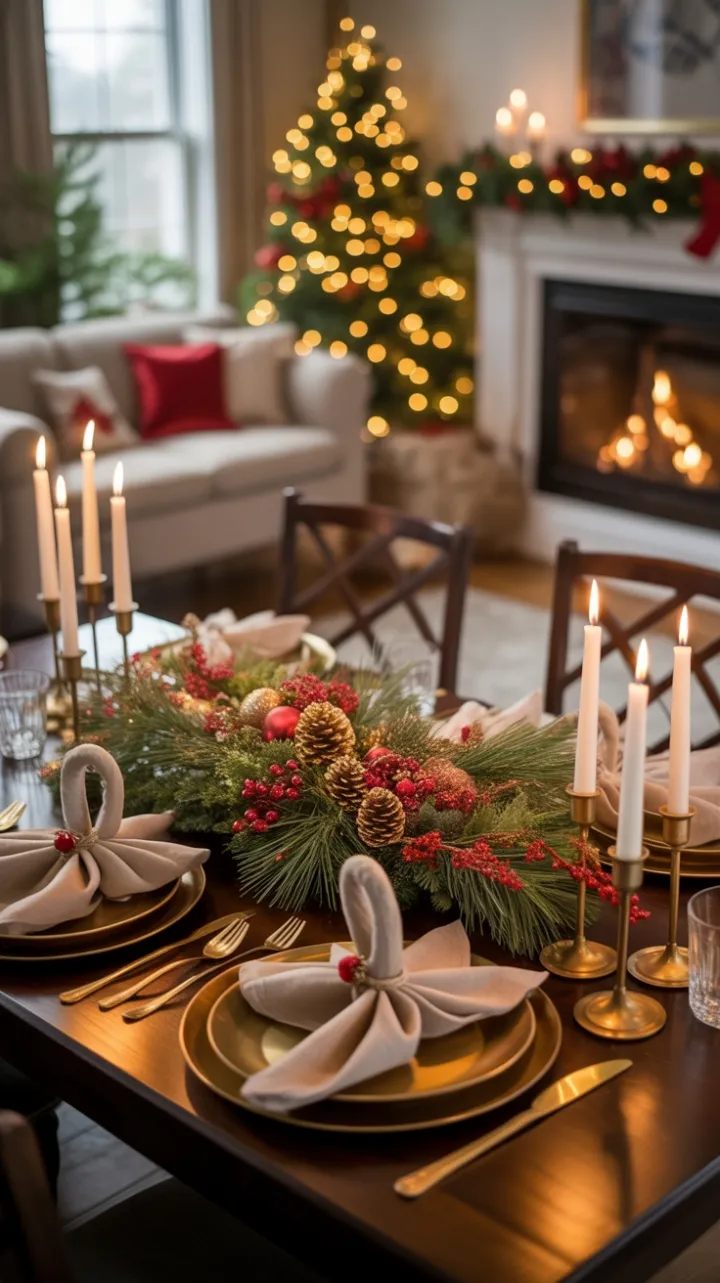 Candlelit Holiday Table Dressed in Gold and Evergreens