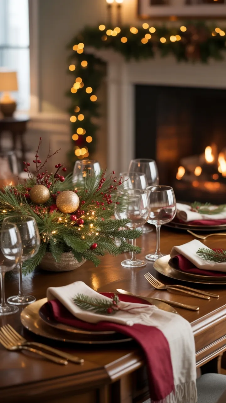 Hearthside Holiday Table with Lush Pine and Gold Accents