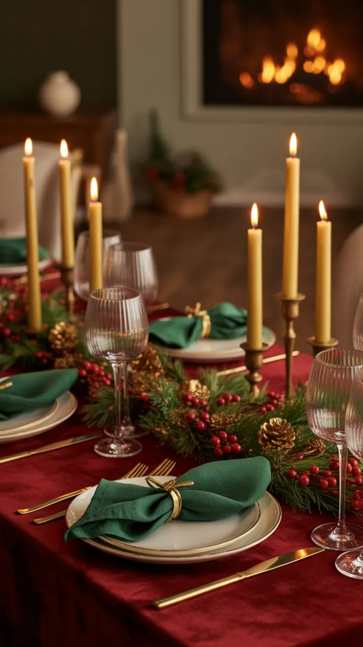 Crimson velvet table with gilded pinecones and fireside glow