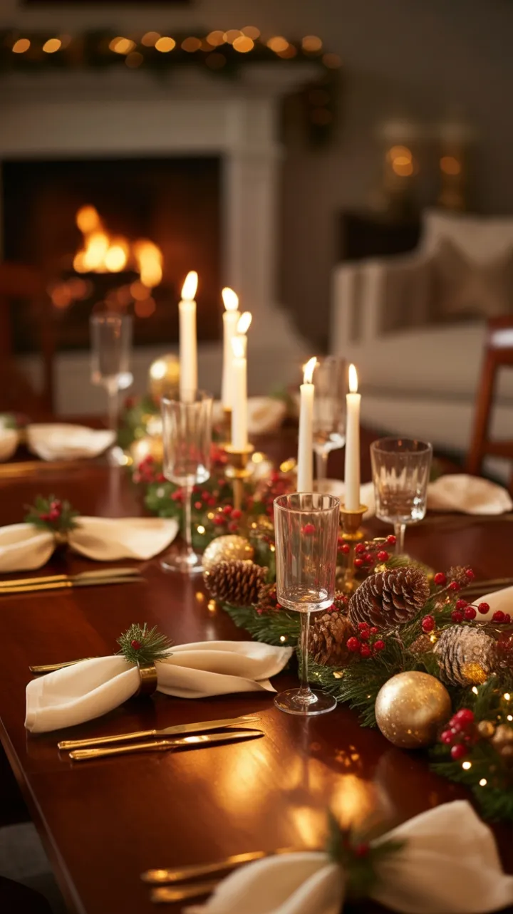 Evergreen Glow on a Mahogany Holiday Table
