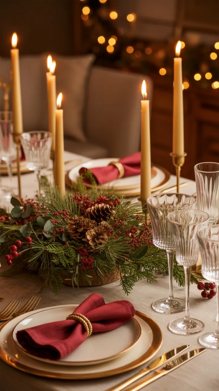Candlelit Christmas Table Gathered in Evergreens and Gold