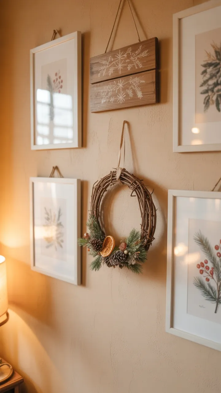 Warm Holiday Gallery Wall with Watercolor Berries and Weathered Wreath