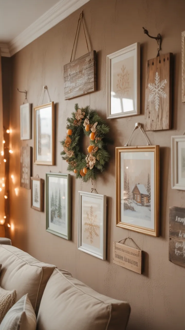 Cozy Rustic Gallery Wall with Pine Bough and Dried Orange Wreath
