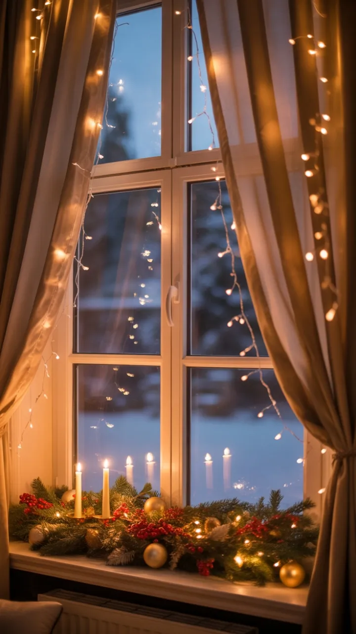 Velvet Curtains and Candlelit Snowfall