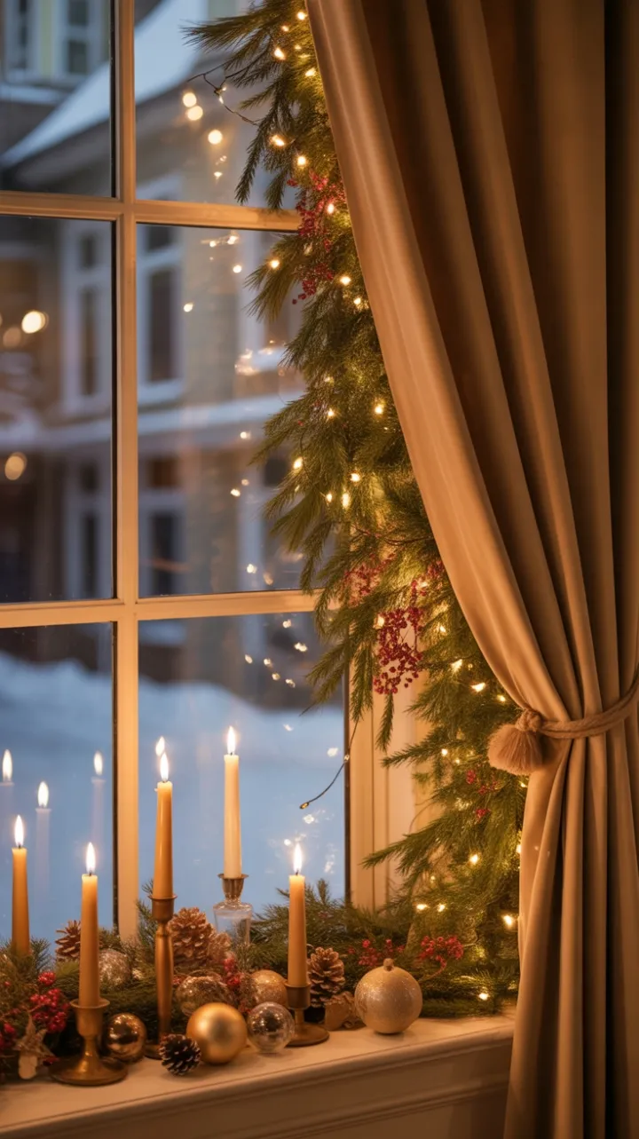 Velvet-Framed Bay Window Bathed in Holiday Glow