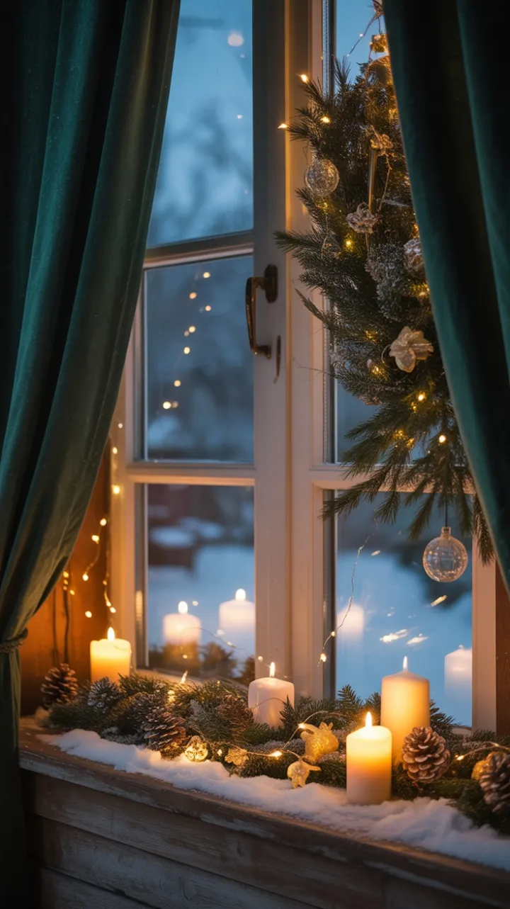 Emerald velvet window glowing on a snowy Christmas eve