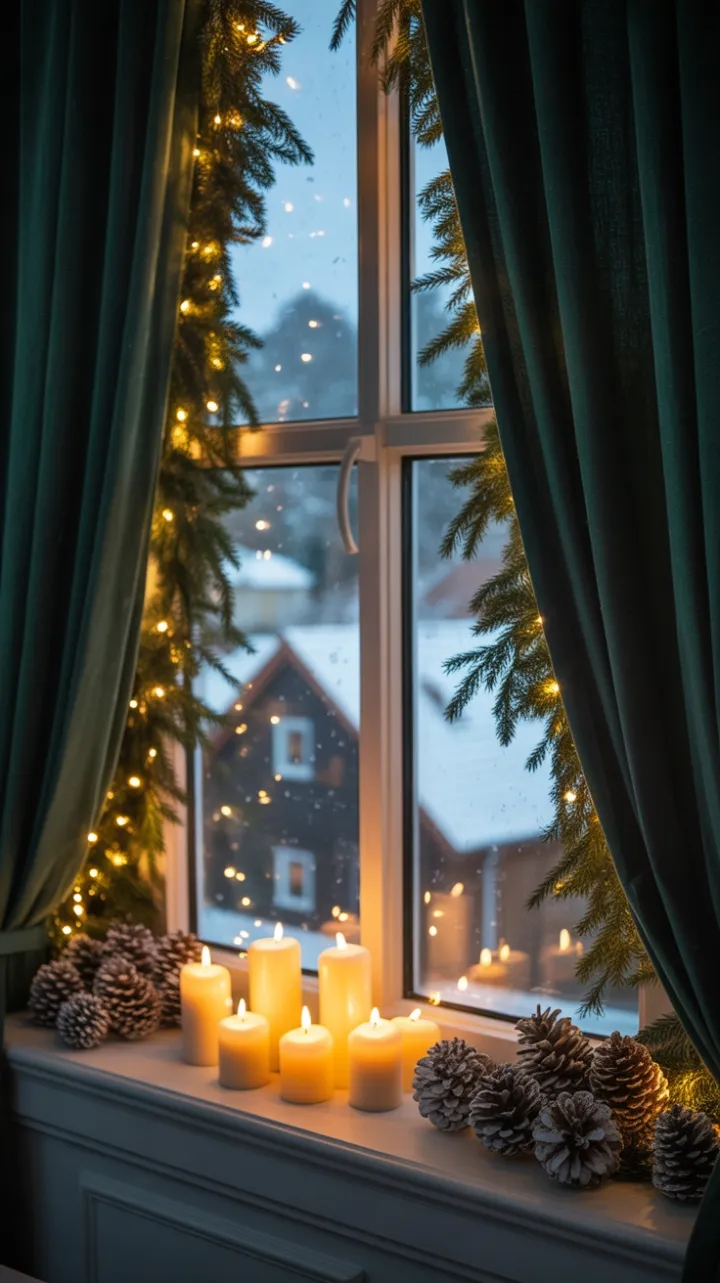 Candlelit Snowfall Behind Emerald Velvet Curtains