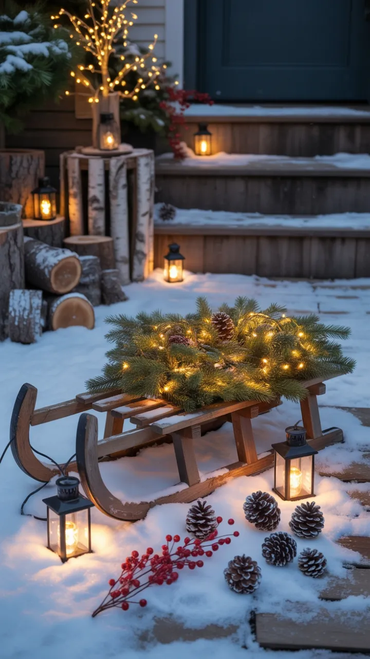 Weathered Sled Bathed in Fairy Light Creates a Cozy Christmas Welcome