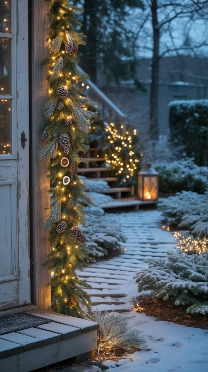 Snow-Kissed Porch with Lantern Glow and Citrus-Infused Garland