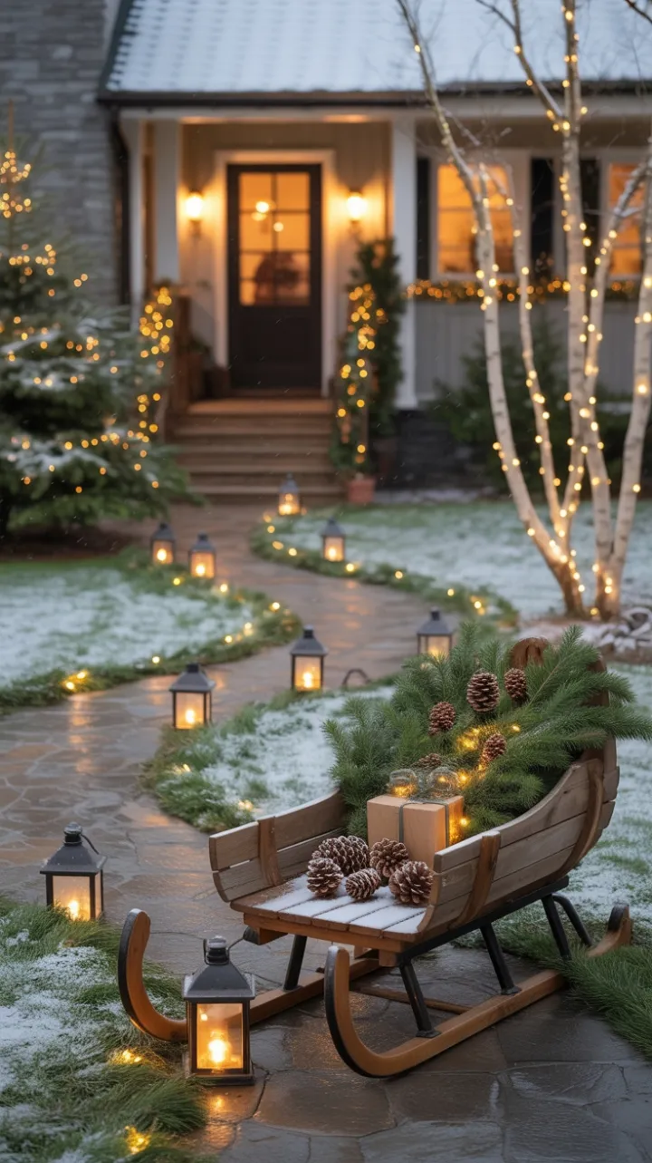 Snow-Kissed Evergreens and a Lantern-Lit Path to a Rustic Sleigh Porch