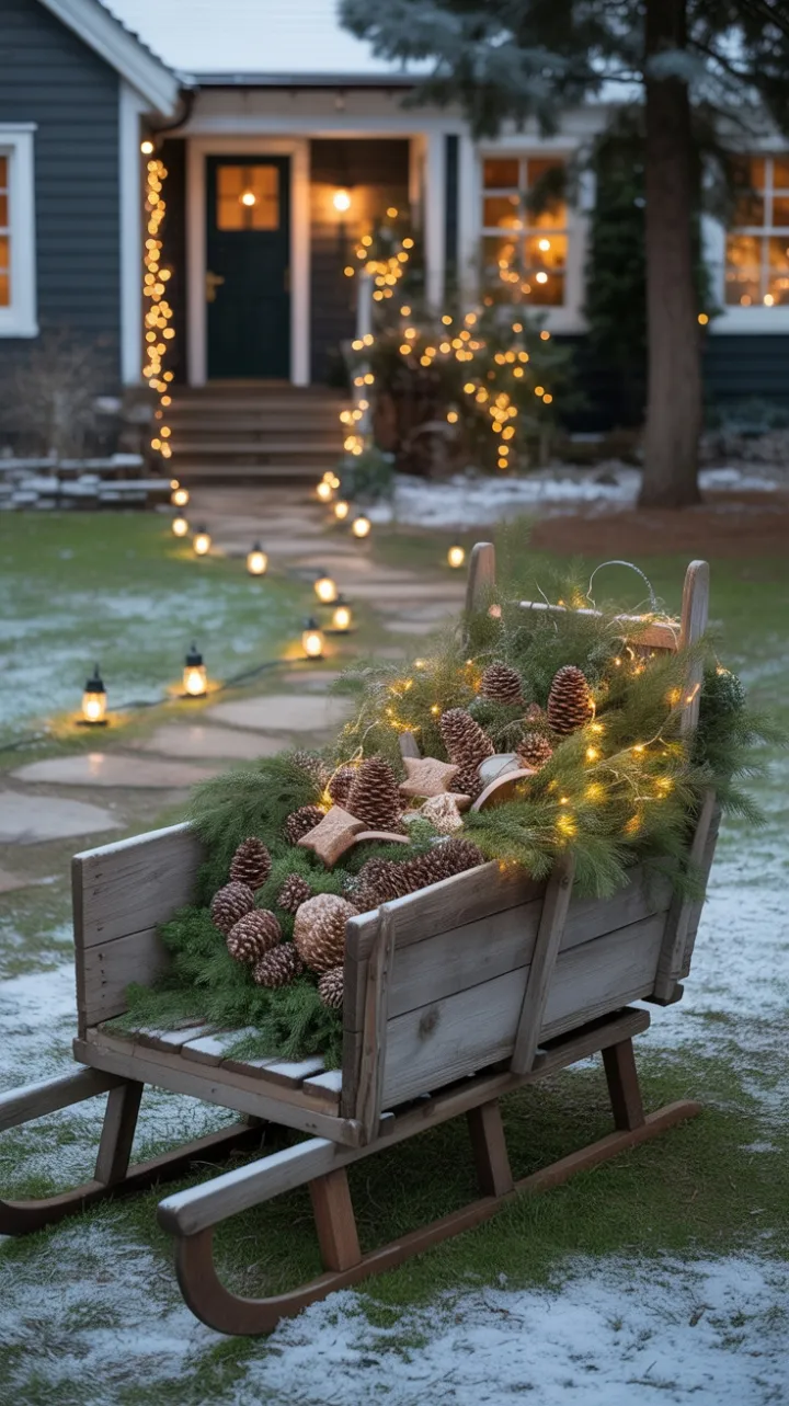 Rustic Sleigh and Lanterns Warm a Snowy Front Yard