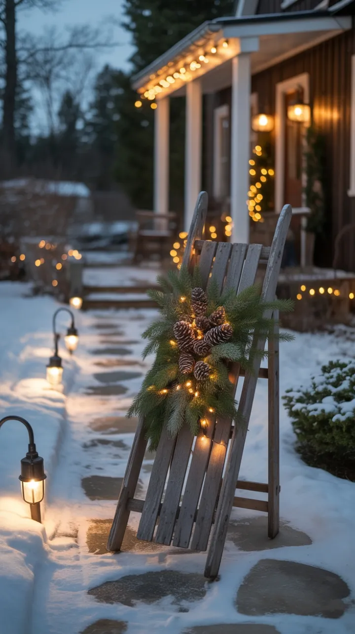 Rustic Sled and Lantern-Lit Porch Welcome