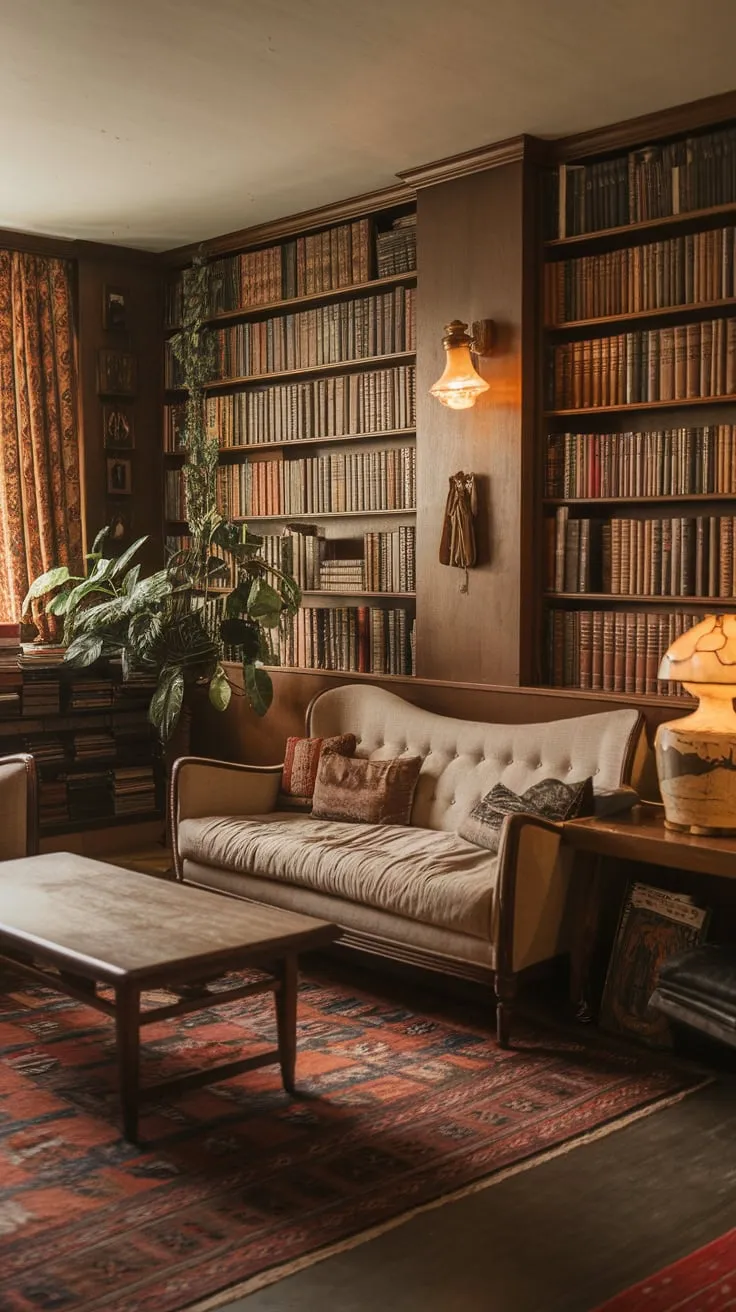 Warm lighting, vintage charm, and comfy seating create a cozy family room perfect for gathering.