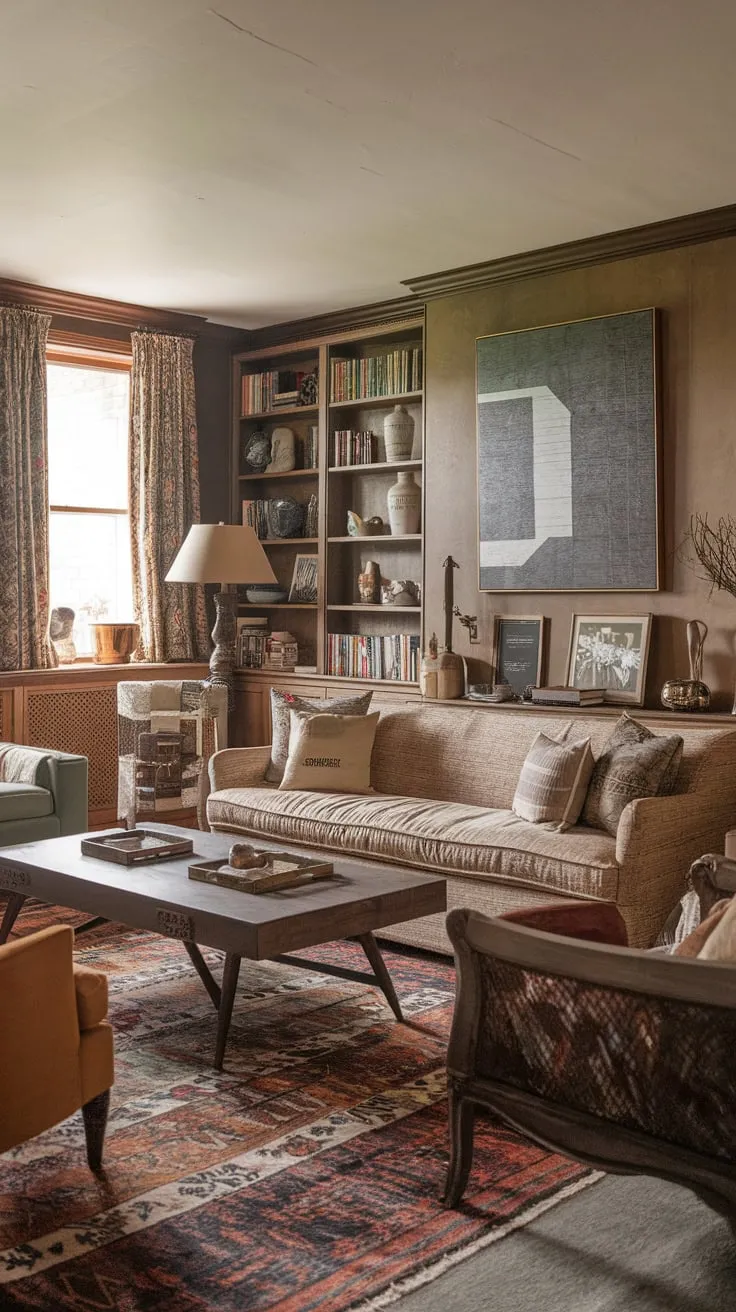 A warm and inviting family room blends vintage charm with modern comfort, creating a cozy haven for cherished moments together