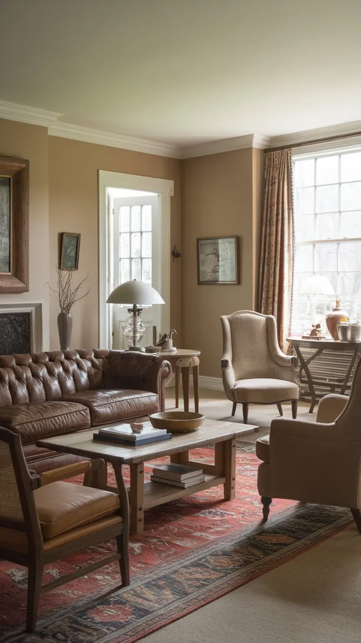 A vintage-inspired brown leather sofa anchors a cozy family room, its beige walls and wooden furniture creating a warm and inviting traditional space