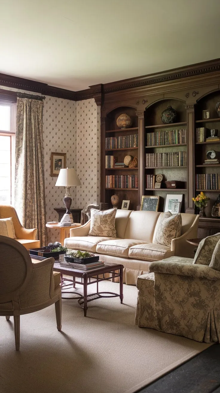 Warm lighting illuminates a cozy family room's vintage charm, complete with a beige sofa, patterned wallpaper, and a bookshelf brimming with books and treasures.
