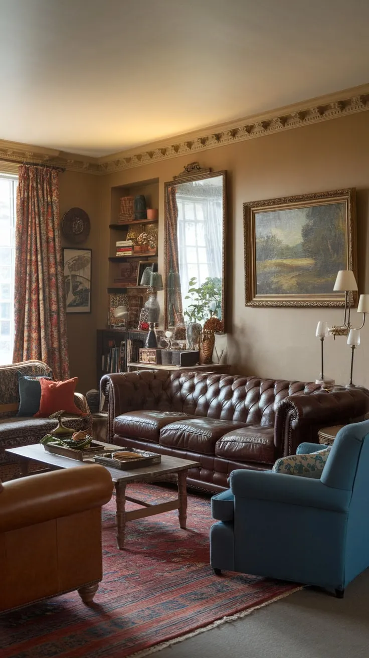 A warm inviting family room boasts a traditional design with leather seating, vintage decor, and soft lighting creating a cozy atmosphere