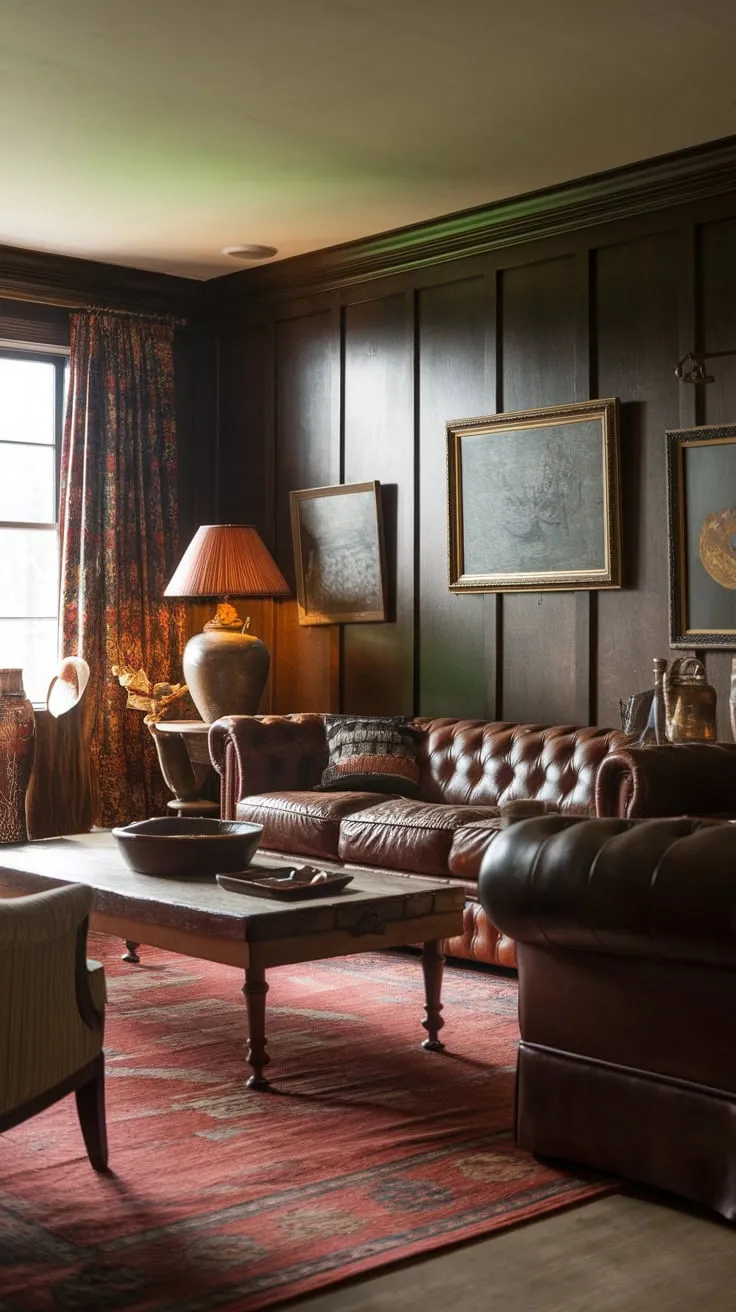 A dark-paneled, vintage-inspired family room offers cozy comfort with plush furnishings and warm lighting