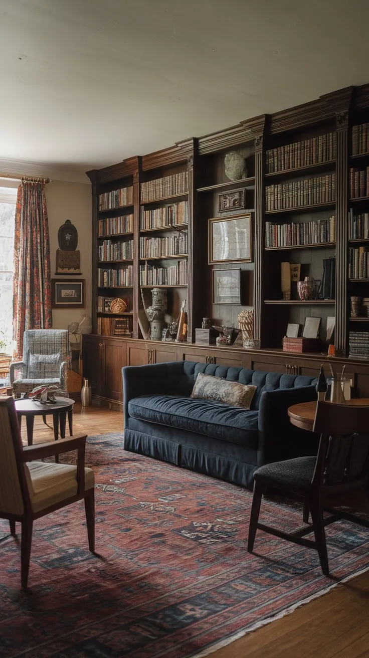 A plush dark blue couch anchors a warm, vintage-inspired family room brimming with books, artwork, and cozy comfort
