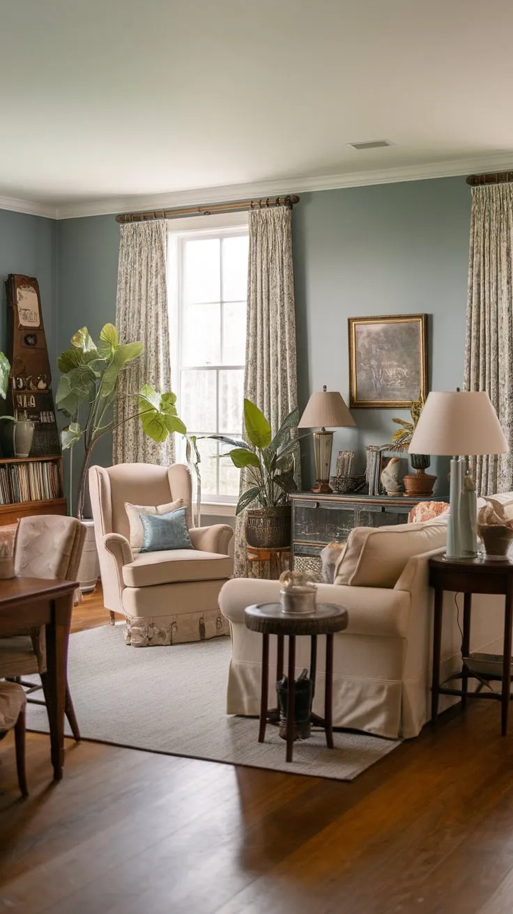 Traditional décor, including a bookshelf and plants, creates a warm and inviting vintage family room atmosphere.