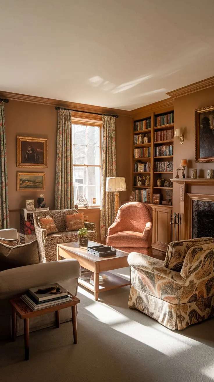 A traditional fireplace anchors a charming family room, its vintage decor and sunlit warmth creating the perfect space for family togetherness.