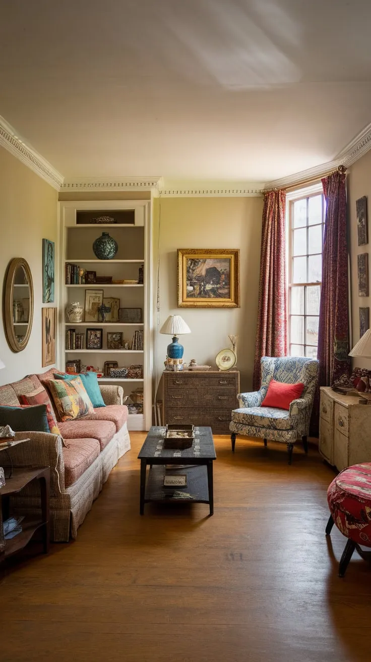 Traditional vintage décor and comfy furniture create a warm inviting cozy family room perfect for cherished moments.