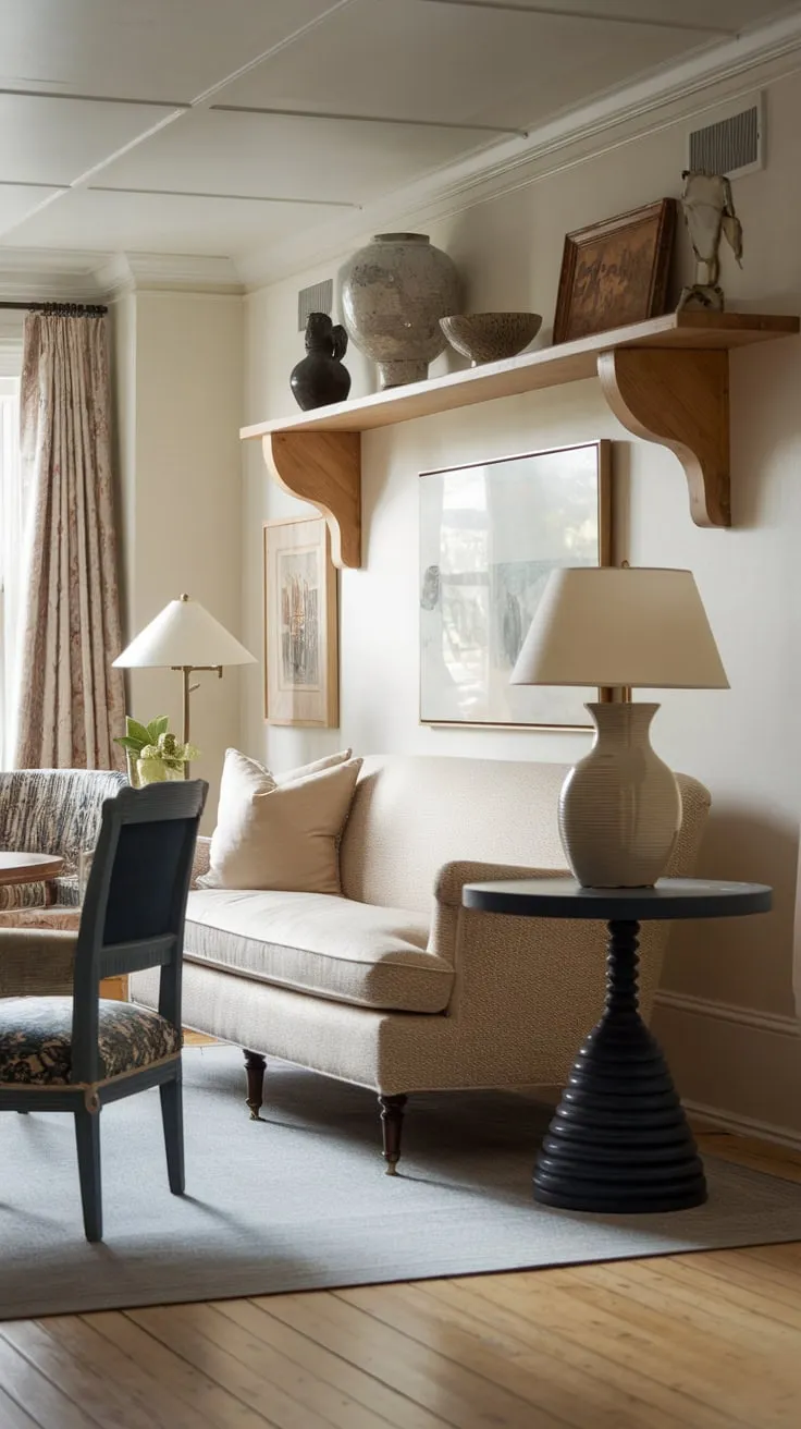 Soft lighting illuminates a traditional family room where a beige sofa and dark blue armchair invite cozy gatherings around a round table, all nestled within a vintage-inspired space.