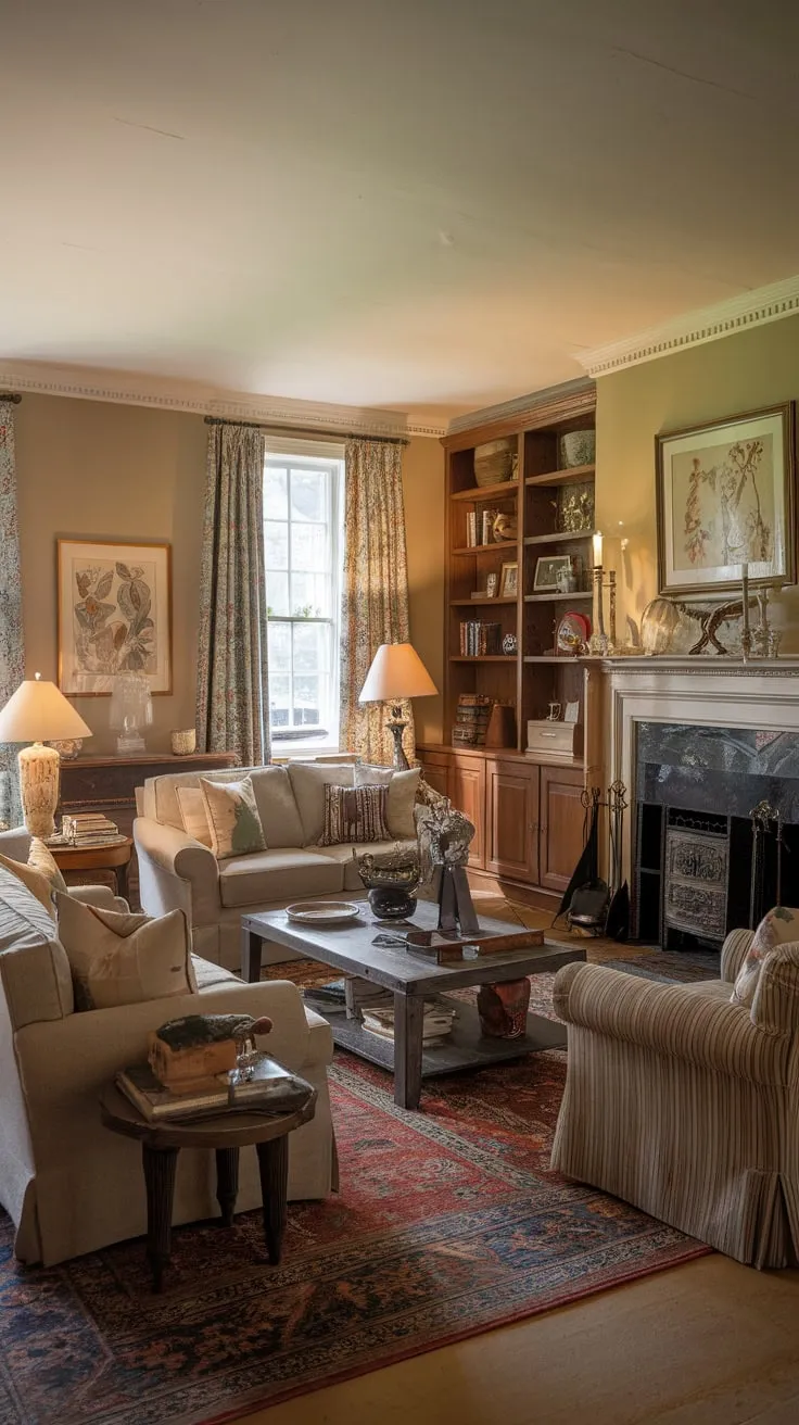 A vintage-inspired family room offers warm, inviting comfort with a traditional layout, fireplace, and soft lighting