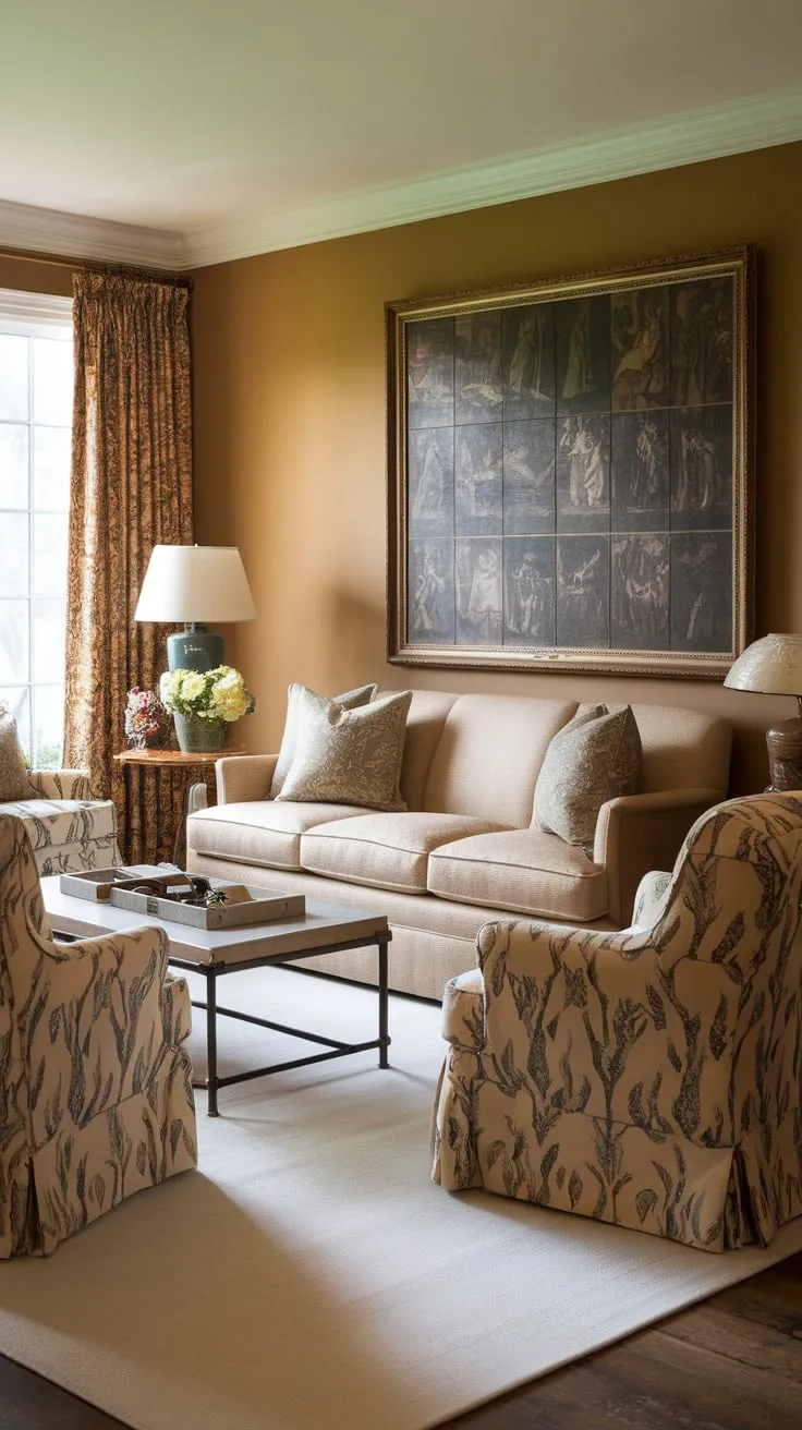 Traditional charm meets comfortable relaxation in this cozy family room, its vintage details enhancing a welcoming atmosphere.