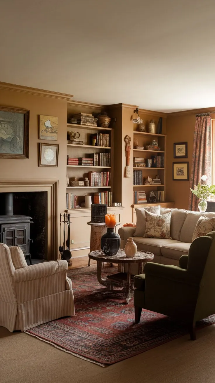 A warm wood-burning stove, plush seating, and vintage artwork create a cozy and inviting family room brimming with traditional charm