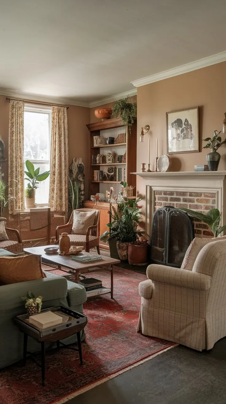 Warmth and vintage charm fill a cozy family room, perfect for family gatherings and relaxation.