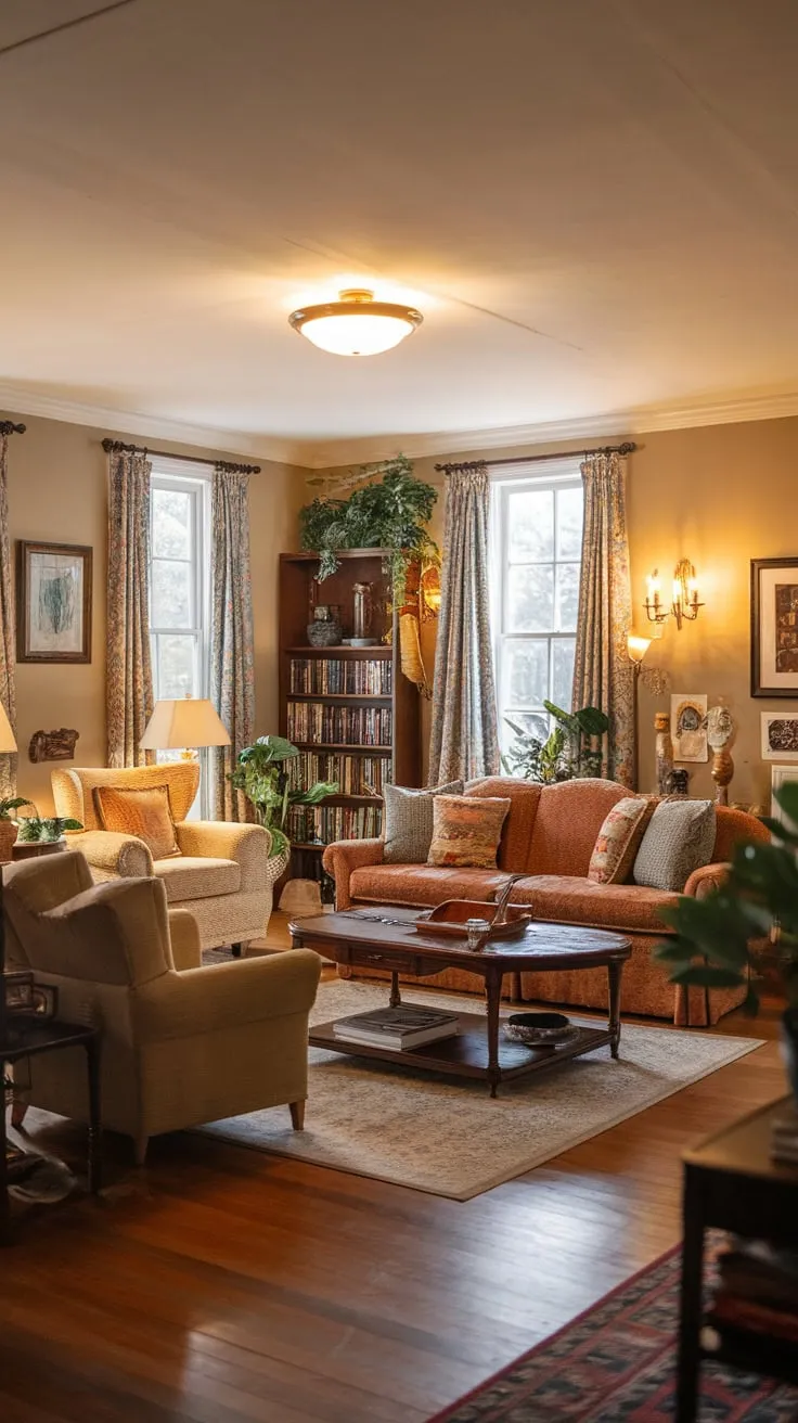 Warm lighting, vintage decor, and comfy furniture create a cozy family haven perfect for relaxation and togetherness