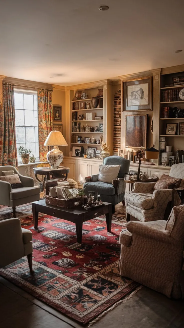 Warm lamplight illuminates a traditional family room filled with cherished books and home decor, fostering a cozy and inviting atmosphere.