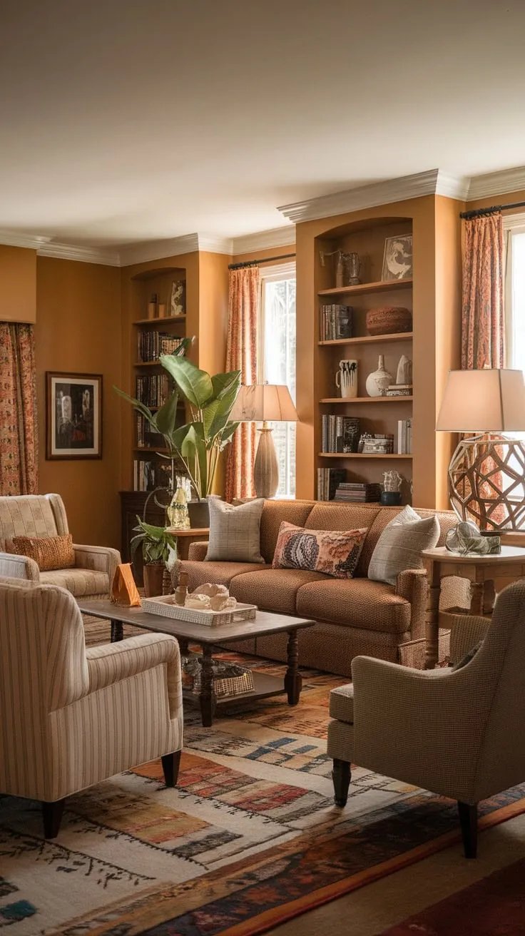 A warm beige family room blends vintage charm with modern accents creating a cozy and inviting space for family gatherings