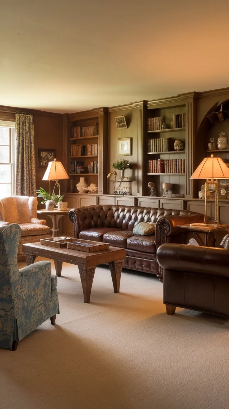 Warm lighting illuminates a cozy traditional family room featuring a brown leather sofa, blue patterned chair, and bookshelves overflowing with character.