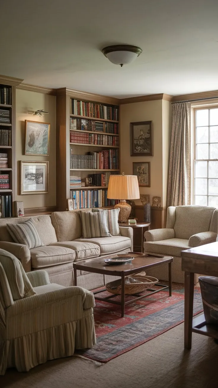 A vintage-inspired beige couch, bookshelves, and warm lighting create a cozy traditional family room perfect for gathering.