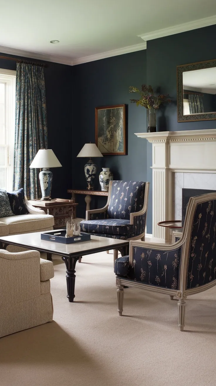 A traditional, vintage-style family room features a calming dark blue and beige color scheme centered around a white fireplace, creating a cozy and inviting atmosphere for family gatherings.