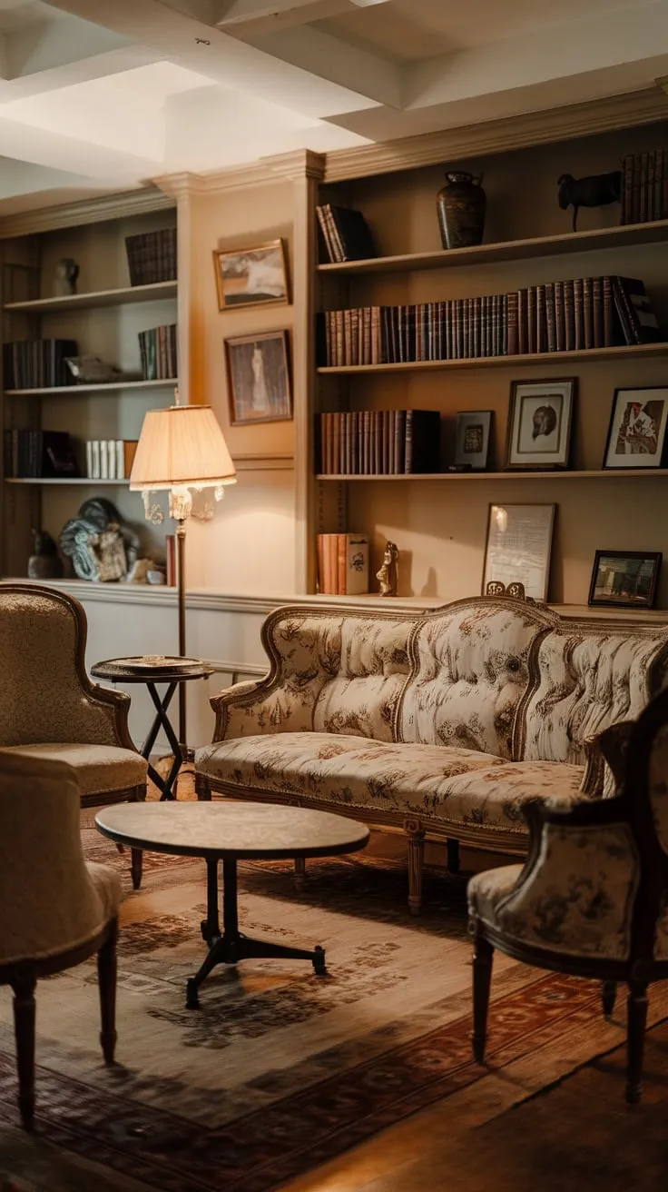 A vintage-inspired family room radiates warmth with floral furniture, patterned rugs, and a comforting glow from a nearby lamp