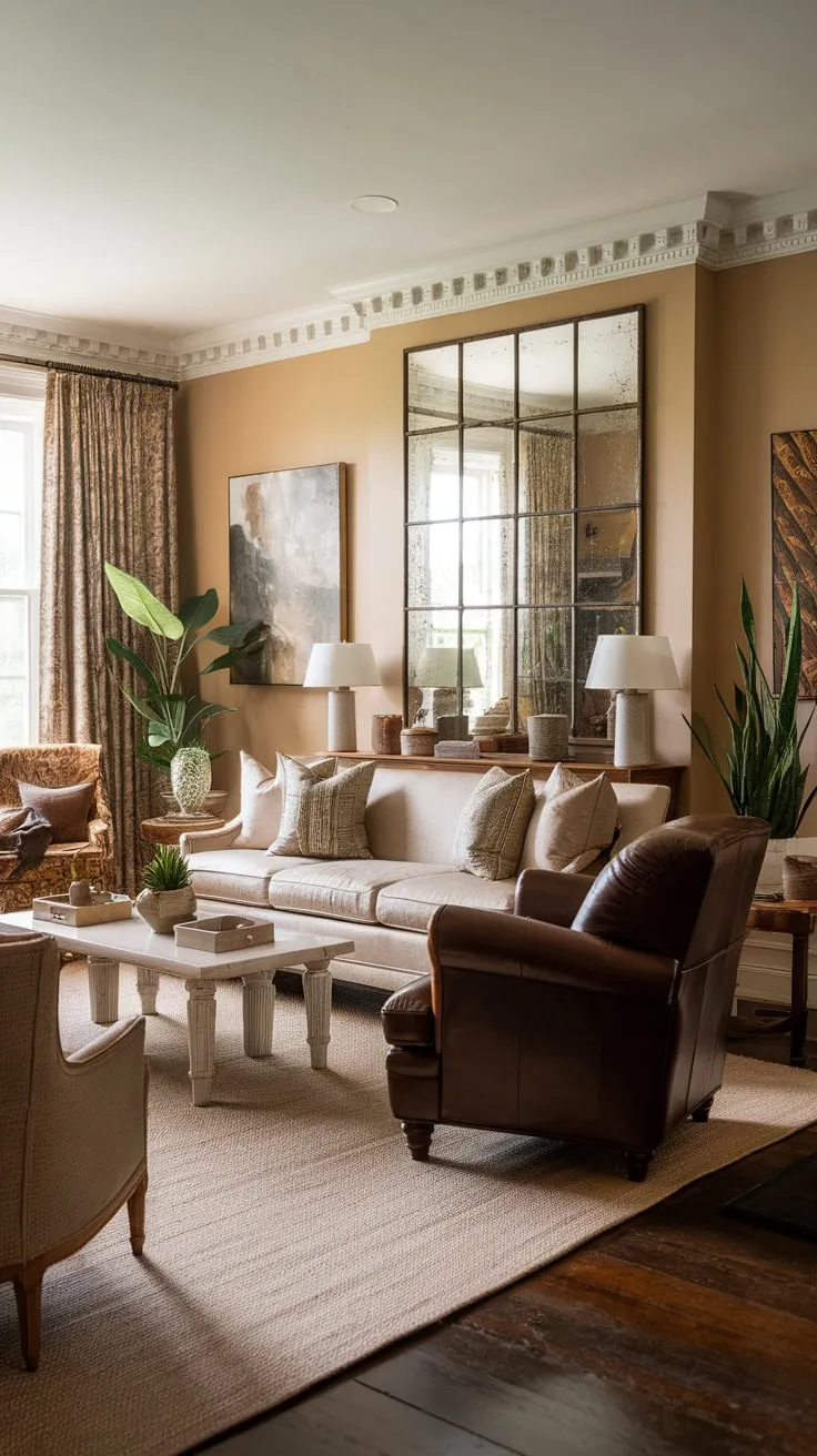 A warm beige rug anchors a cozy traditional family room featuring a vintage aesthetic, complete with plush seating and curated artwork.