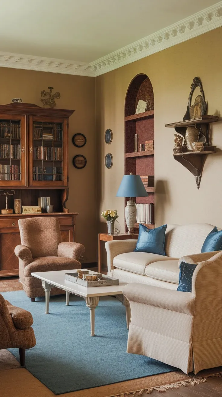 A vintage-style family room offers cozy comfort with a beige sofa, blue accents, and traditional furnishings arranged on a blue rug