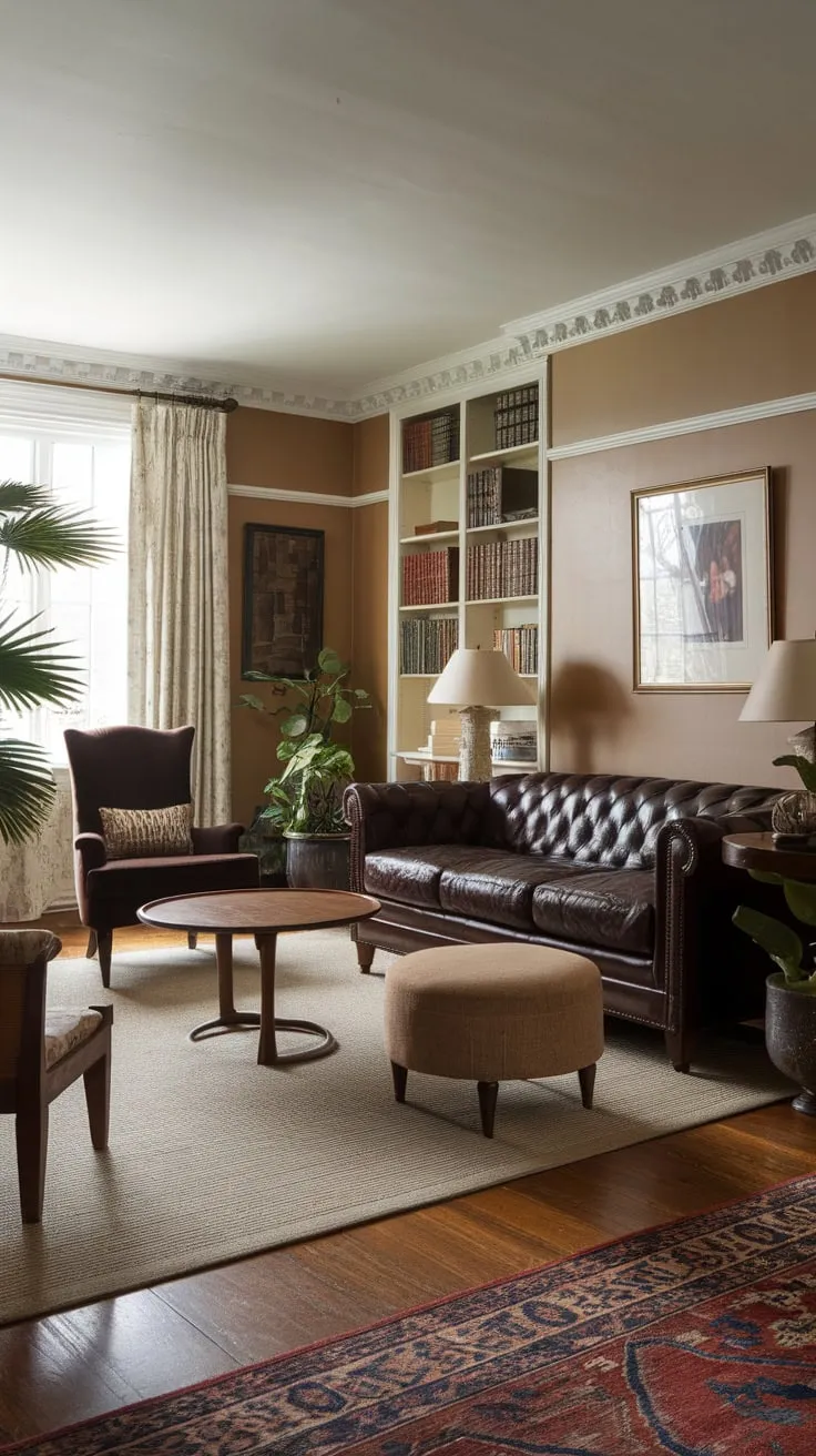 Warm beige tones, rich leather furniture, and carefully chosen accents transform this traditional family room into a haven of comfort and style.