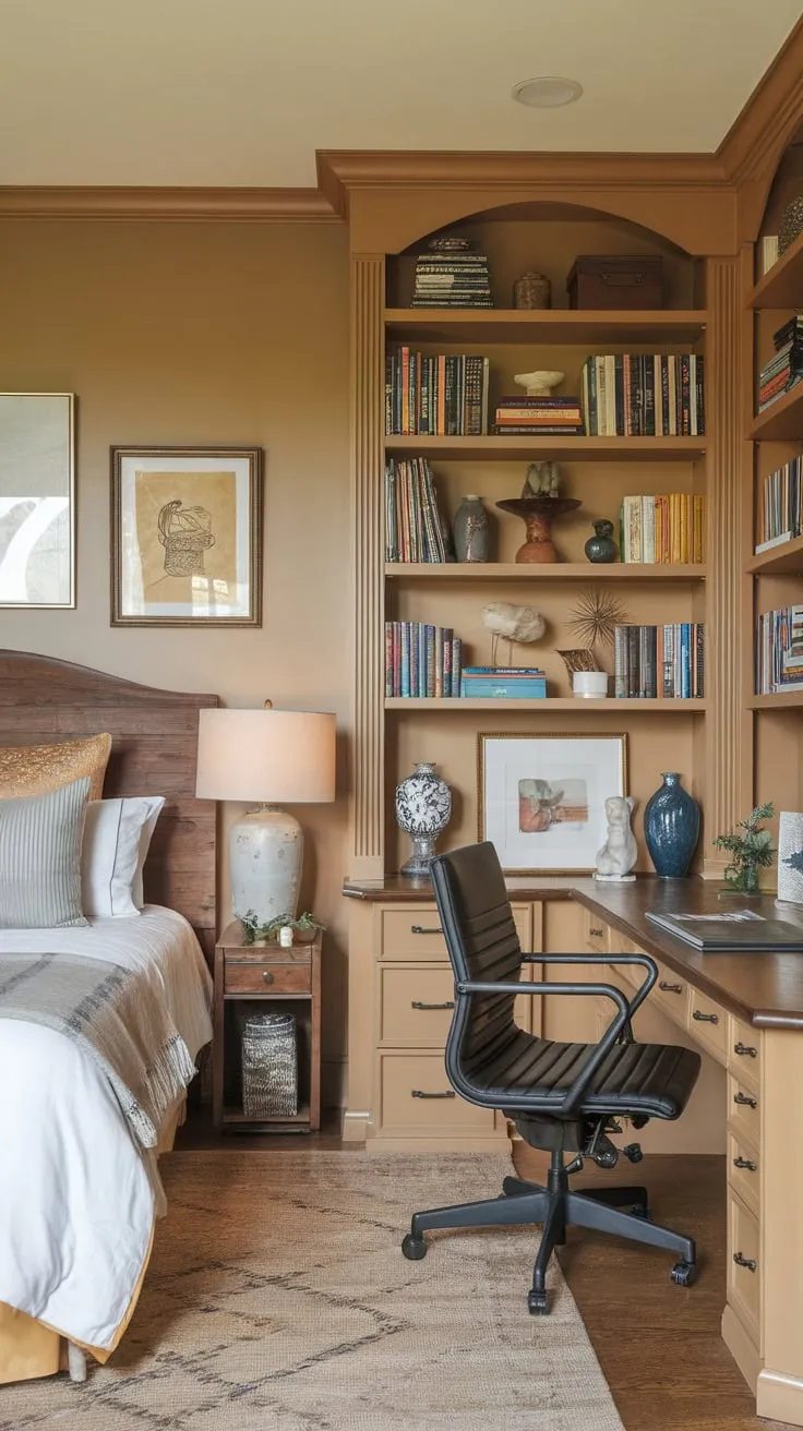 A warm beige guest room offers a queen-size bed, a workspace with a bookshelf, and cozy details for a relaxing and productive stay