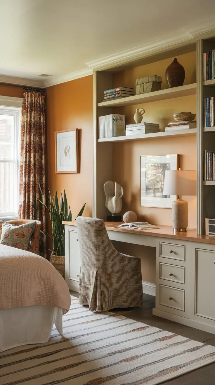 Escape to a cozy guest room retreat offering a queen-size bed, built-in desk and shelves, creating a perfect blend of relaxation and productivity.