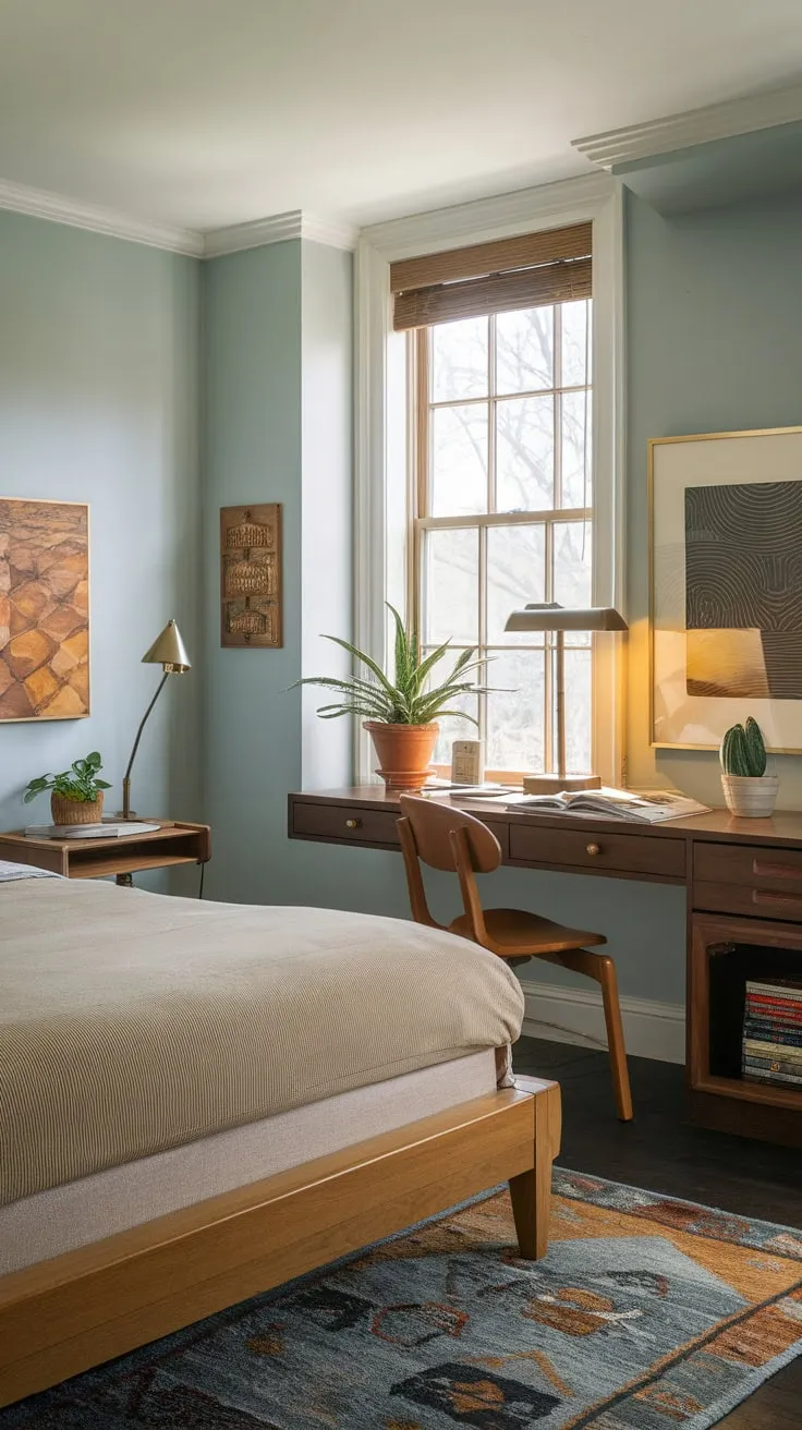 A tranquil light blue guest room seamlessly blends queen-size sleeping comfort with a dedicated workspace, perfect for relaxing or working.